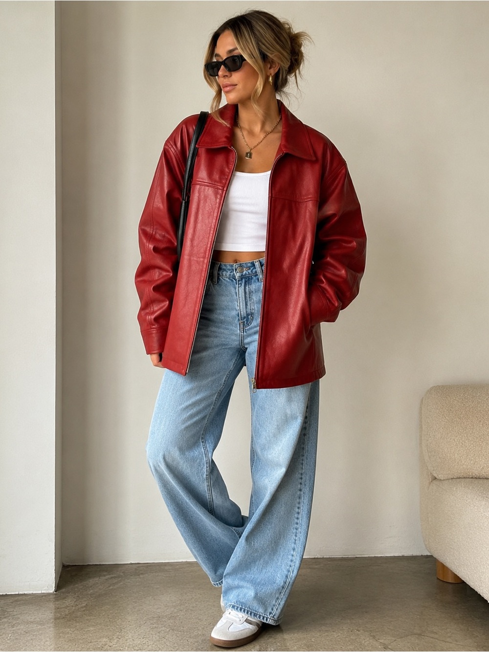 Avanti New York Red Genuine Leather Jacket Oversized Cherry Red Classic Moto